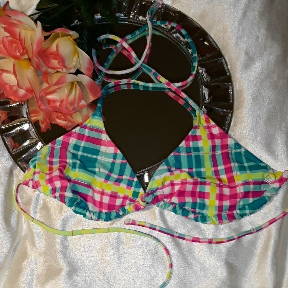 OP Neon Multi Color Plaid Bikini Top M - Picture 2 of 5